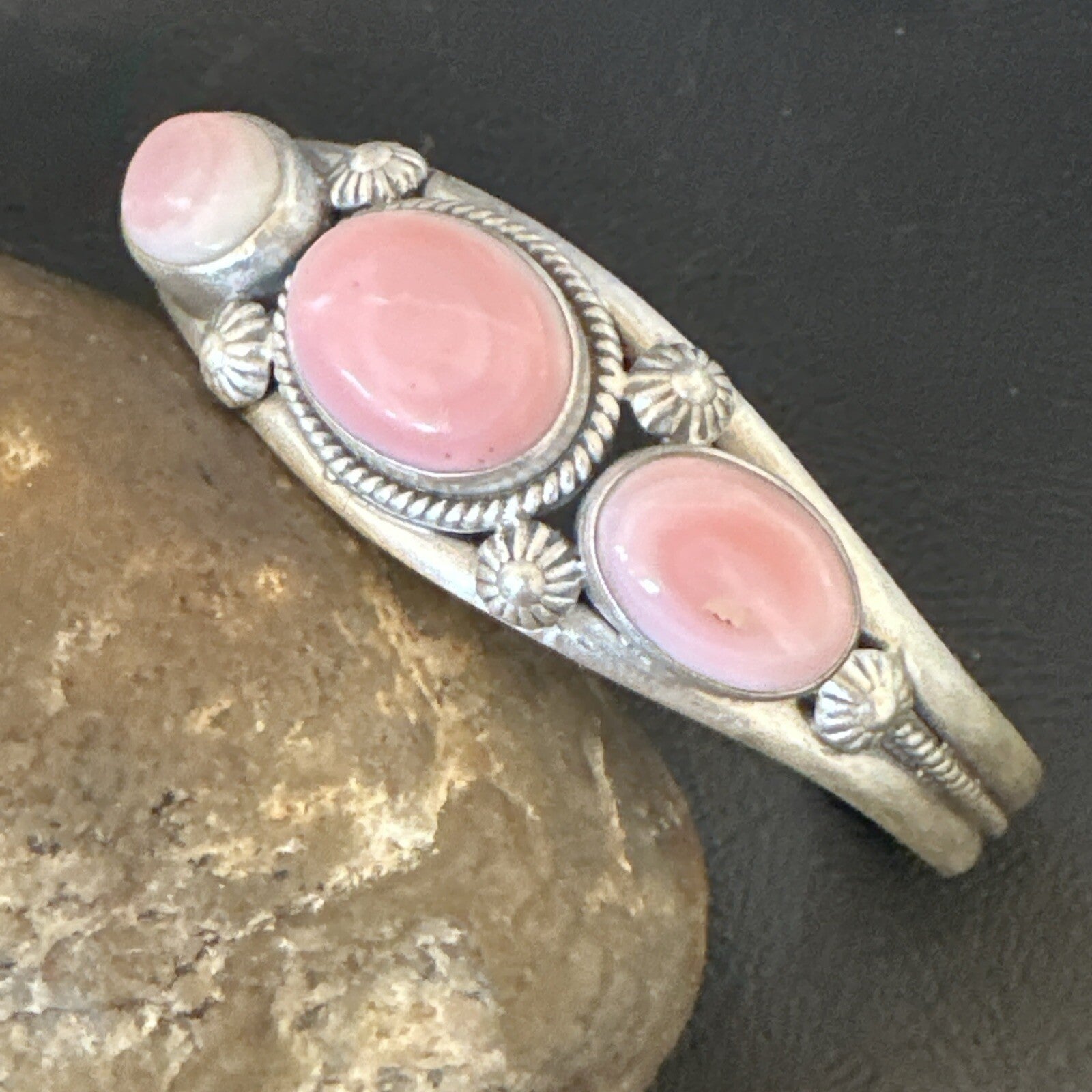 Navajo Pink Conch 3 Stone Sterling Silver Cuff Bracelet 18852