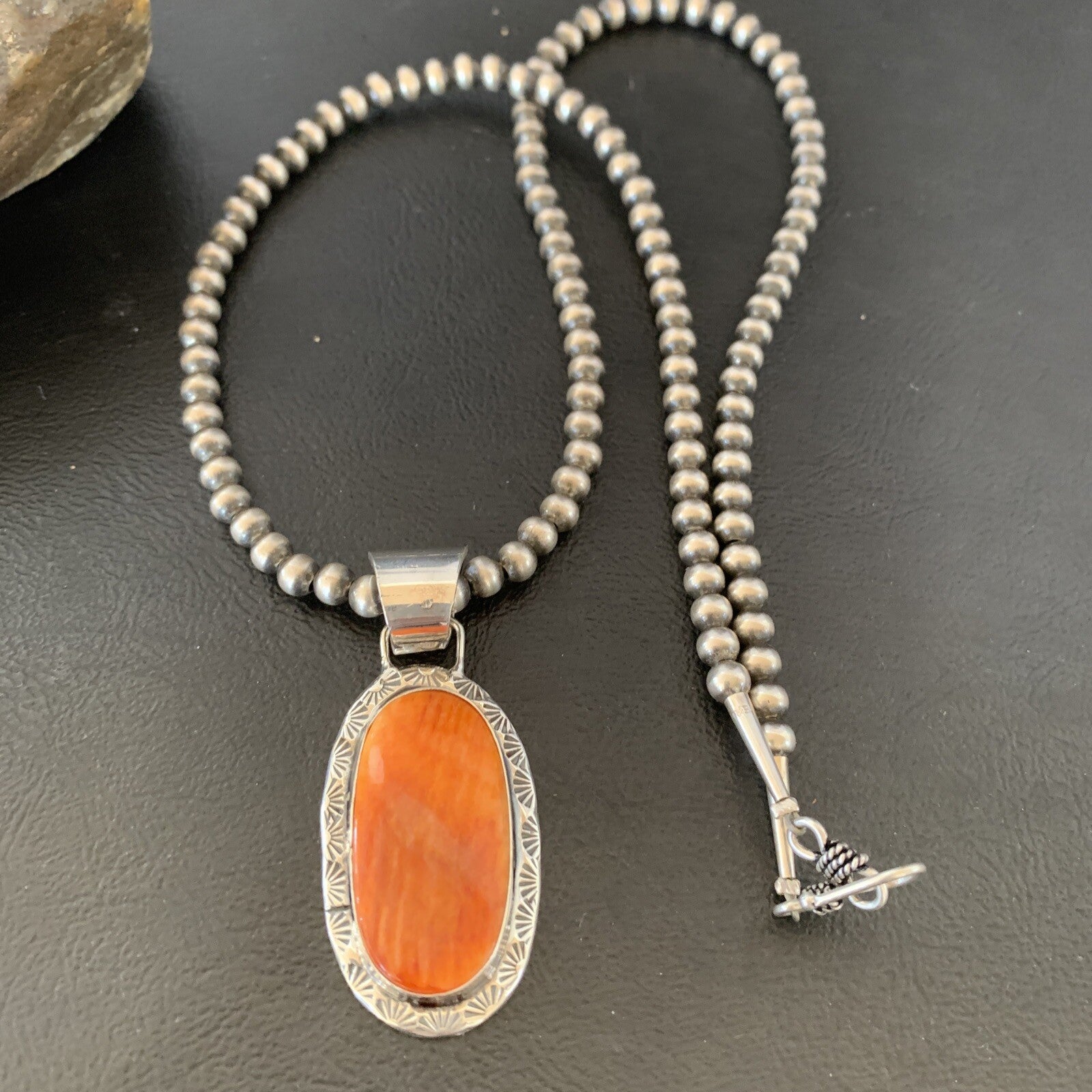 Navajo Sterling Silver Spiny Orange Oyster Necklace Pendant Set2” 14737