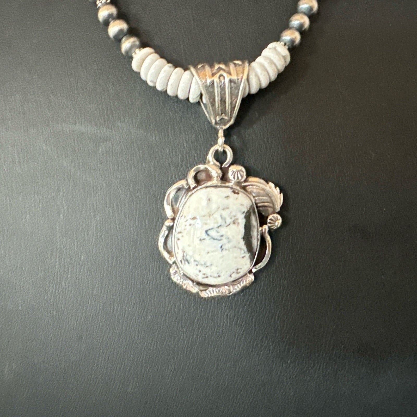White Buffalo Turquoise Pendant Navajo Pearls Sterling Silver Necklace 20” 19496