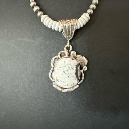 White Buffalo Turquoise Pendant Navajo Pearls Sterling Silver Necklace 20” 19496