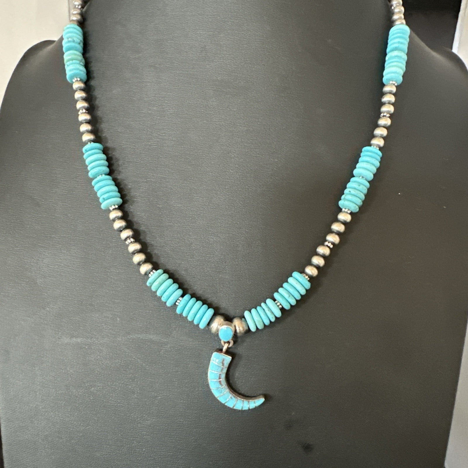 Blue Turquoise Inlay Pendant Navajo Sterling Silver Necklace 19515