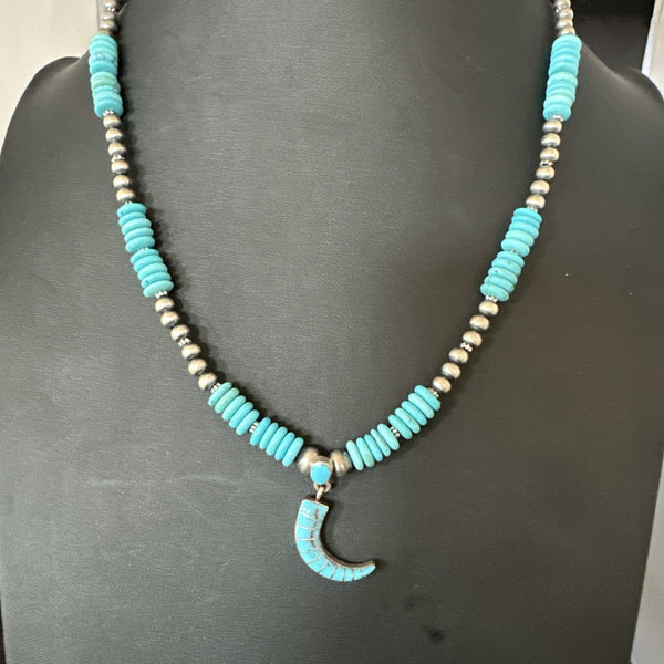 Blue Turquoise Inlay Pendant Navajo Necklace | Sterling Silver | Authentic Native American Handmade | 19515