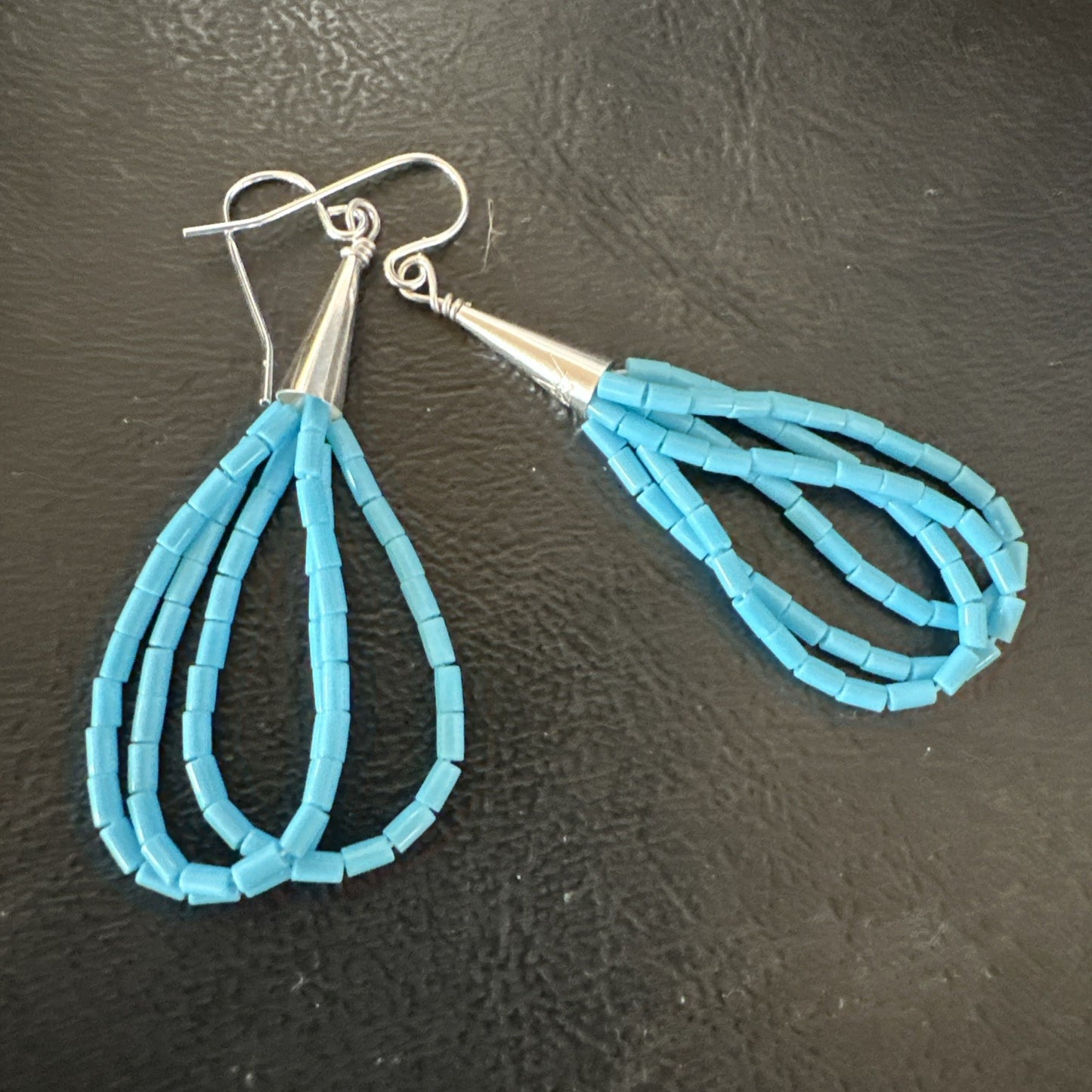 Blue Turquoise 3 Strand Sterling Silver Heishi Dangle 2” Earrings 18196