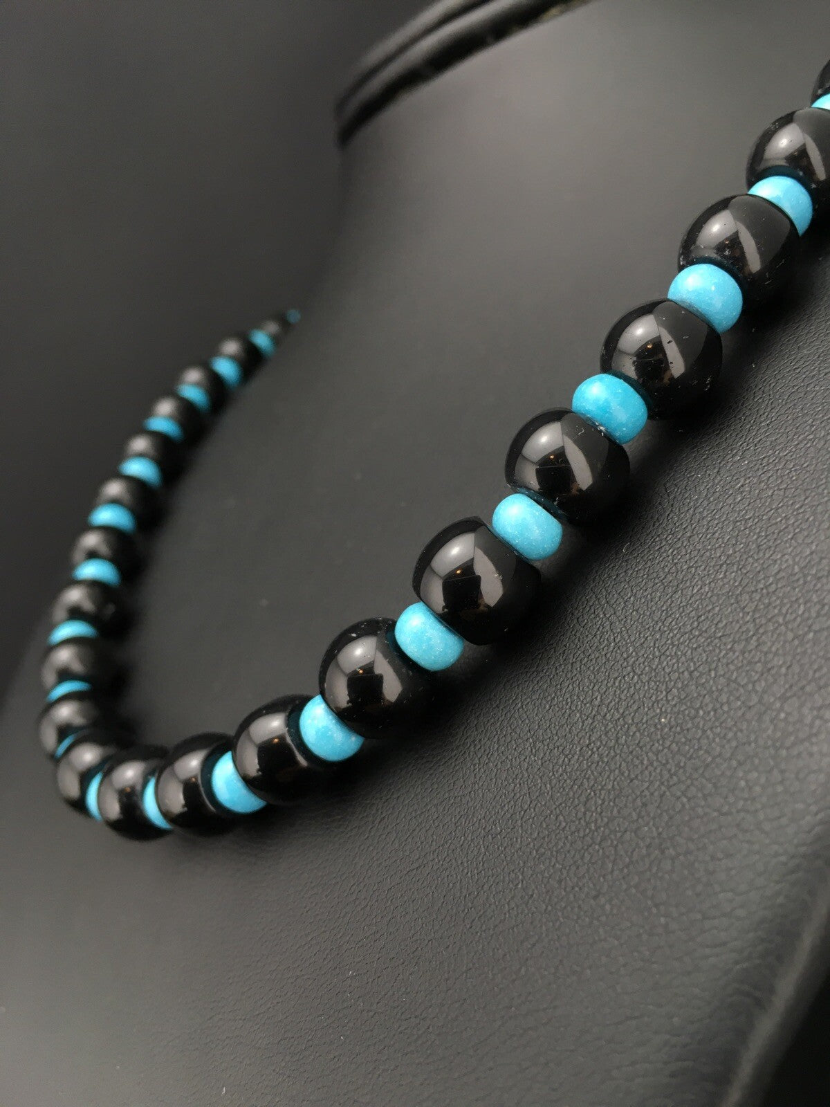 Native Black Onyx Blue Turquoise Bead Navajo Sterling Silver Necklace 15229