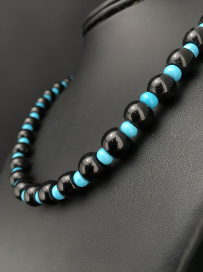 Native Black Onyx Blue Turquoise Bead Navajo Sterling Silver Necklace 15229