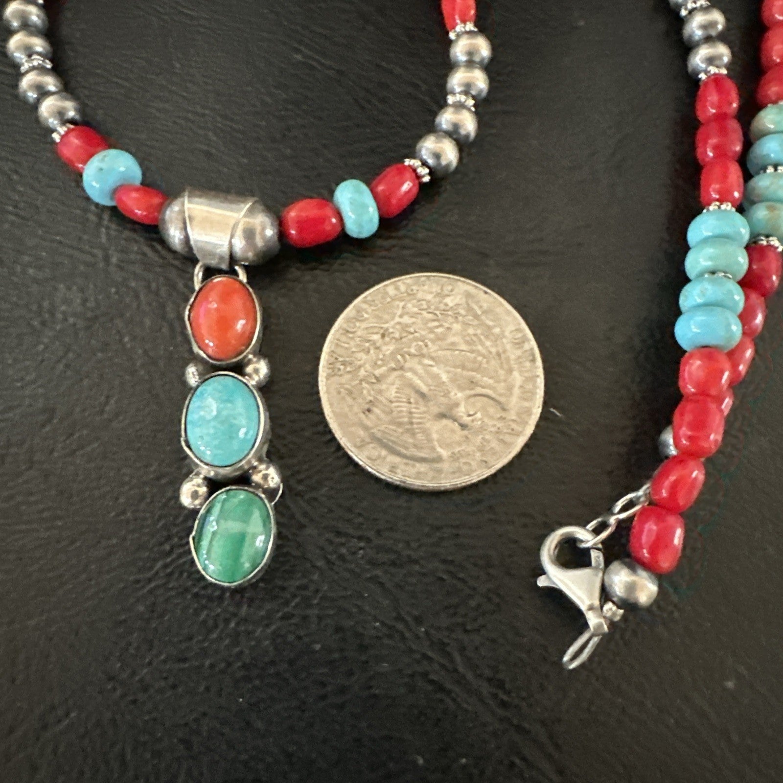 Multicolor Turquoise Coral Navajo Sterling Silver Cluster Pendant Necklace 19654