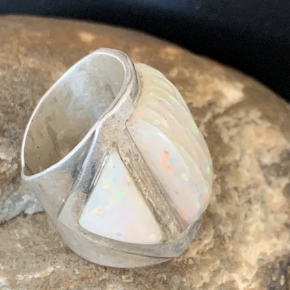White Opal Native American Navajo Sterling Silver Inlay Ring Size 8 18922