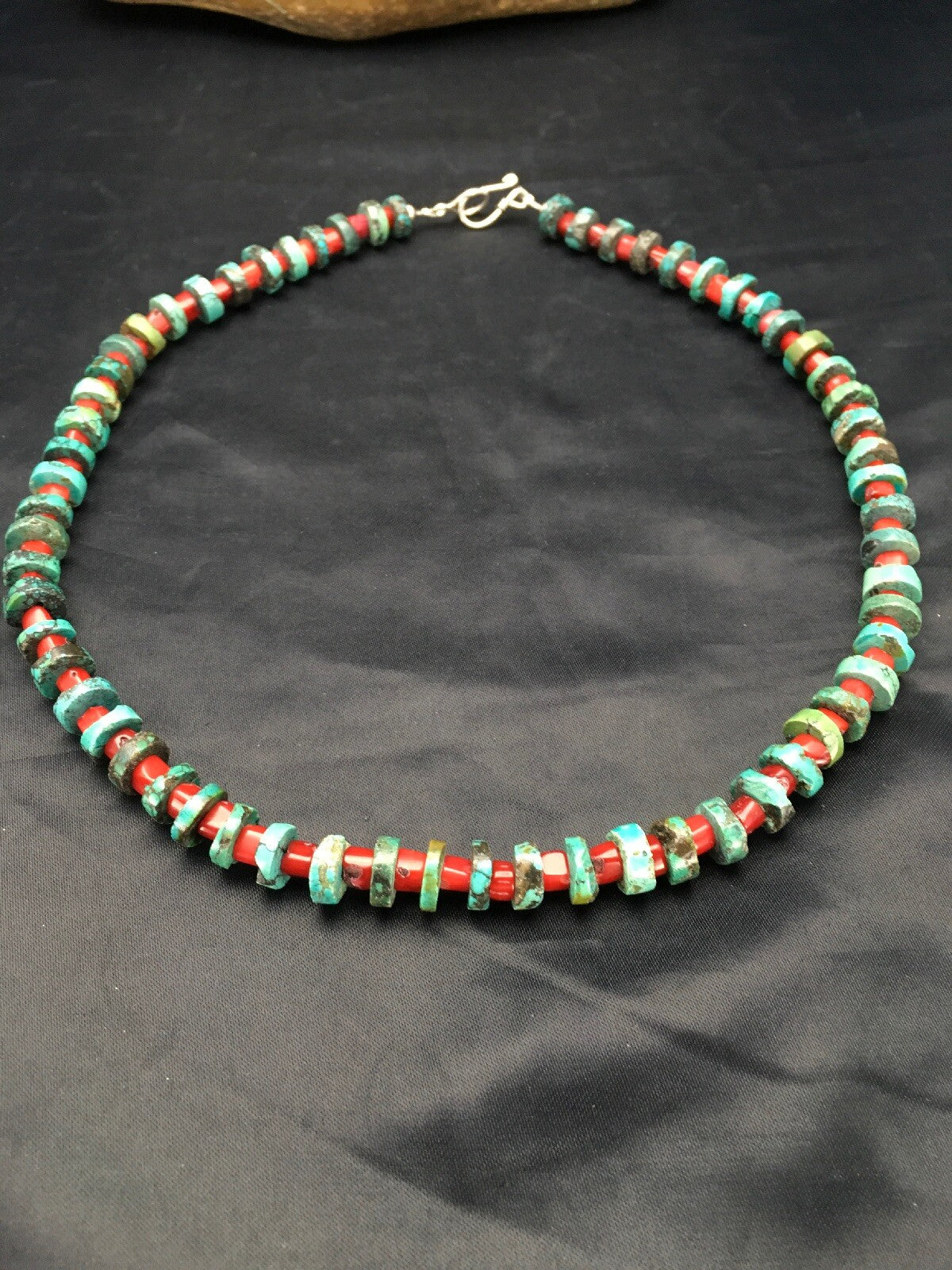 Turquoise Heishi 10 mm Bamboo Coral Sterling Silver Necklace