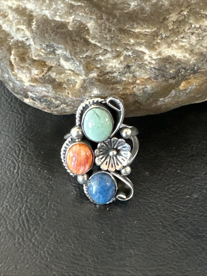 Multicolor Ring Turquoise Spiny Navajo Sterling Silver Cluster Size 9 19187