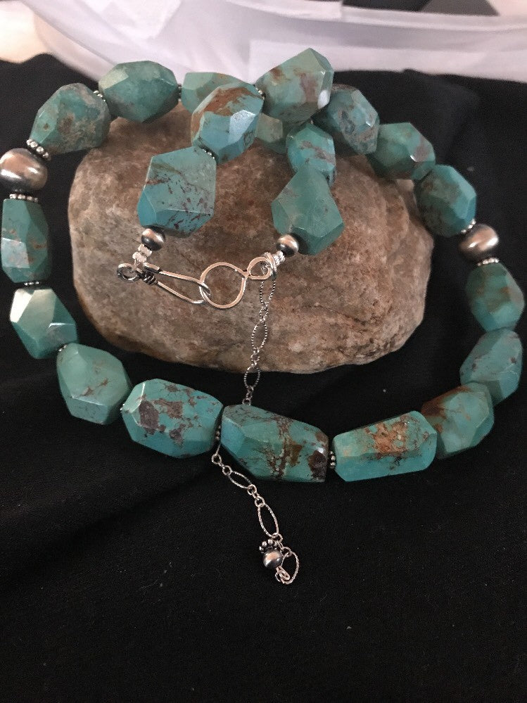Turquoise Chunky Bead Faceted Navajo Sterling Silver Beads Necklace 03367