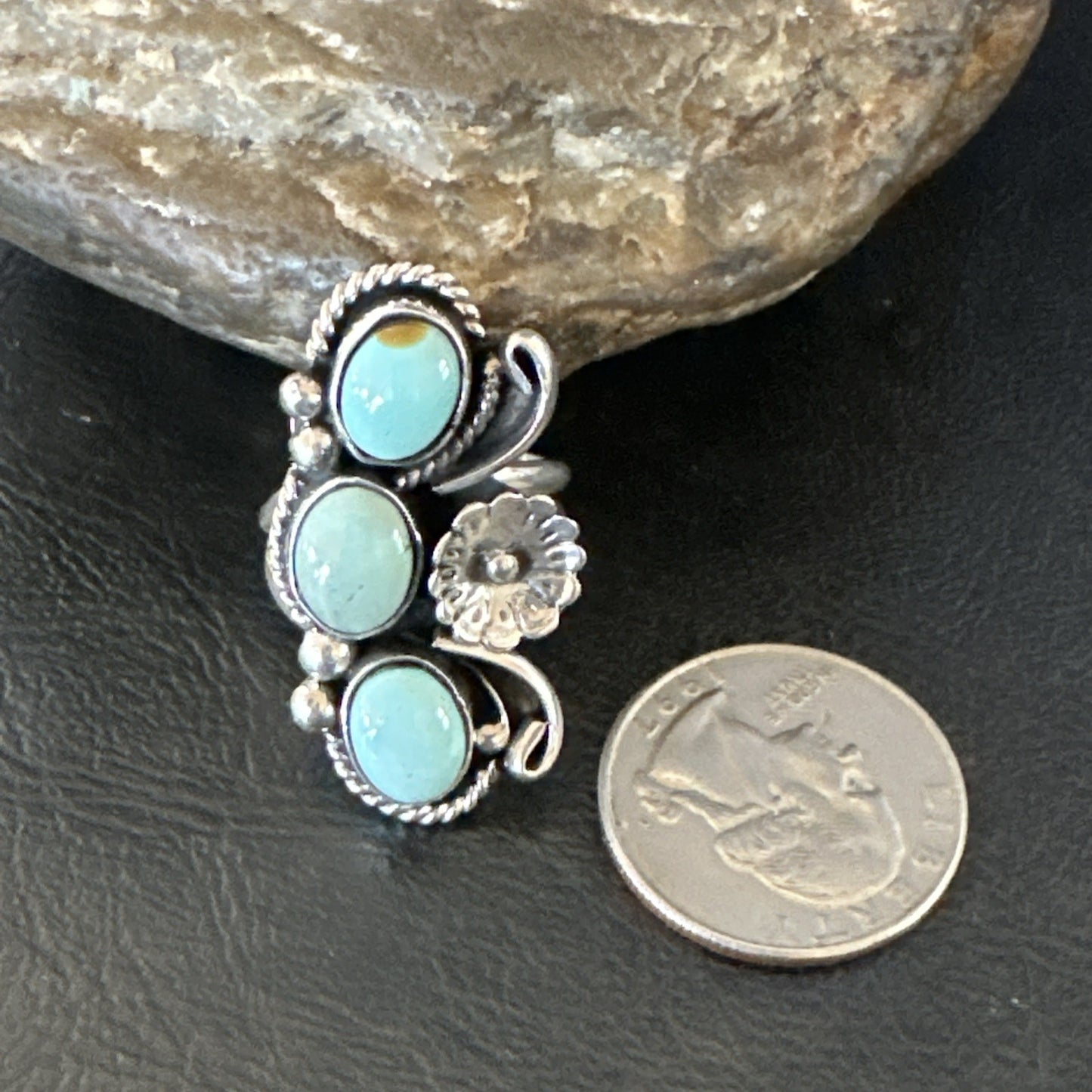 Yazzie Ring Blue Turquoise Navajo Sterling Silver Cluster Size 8.5 19225