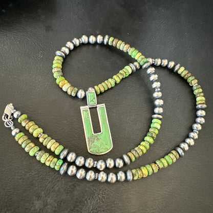Womens Green Gaspeite Turquoise Pendant Navajo Sterling Silver Necklace 18367