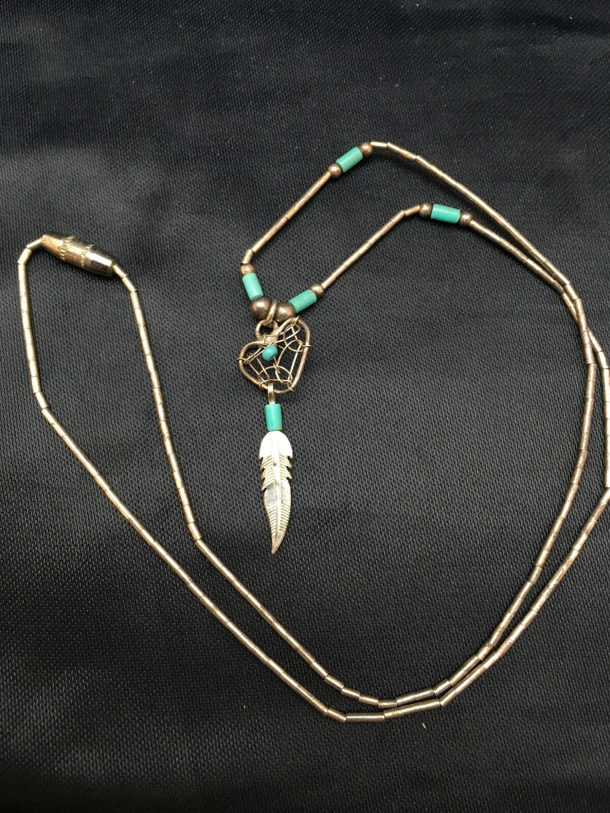 Native Turquoise Feather Pendant Navajo Sterling Silver Necklace 18059
