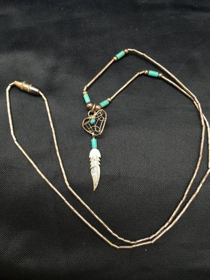 Native Turquoise Feather Pendant Navajo Sterling Silver Necklace 18059