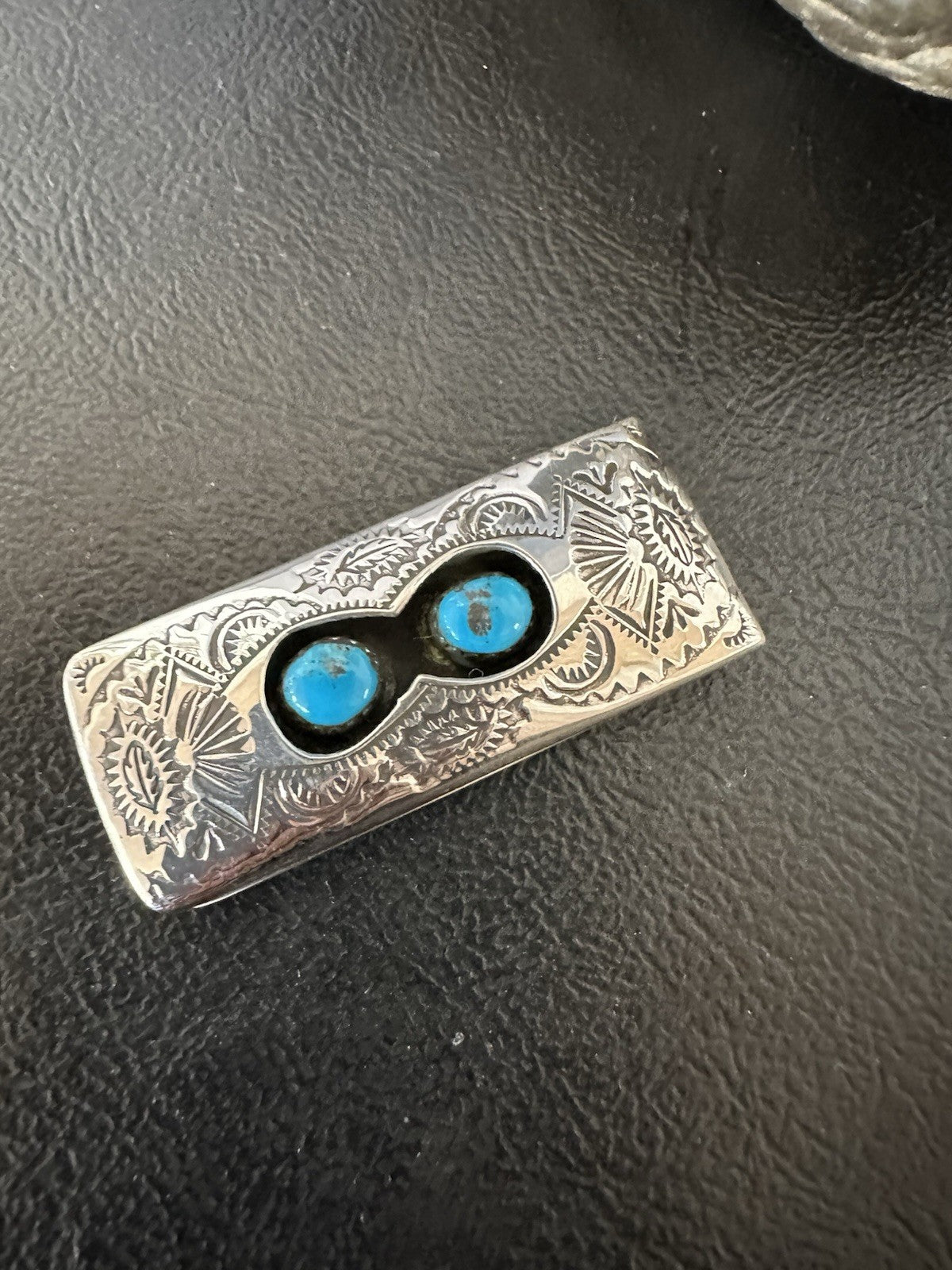 Mens Blue Turquoise Navajo Stainless Stamped Silver Money Clip 19367