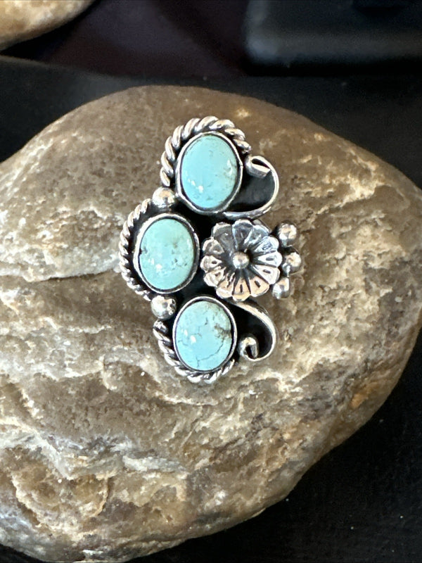 Yazzie Ring Blue Turquoise Navajo Cluster Size 8.5 | Sterling Silver | Authentic Native American Handmade | 19226