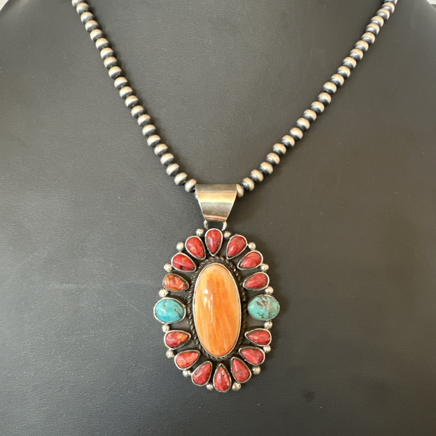 Multicolor Turquoise Spiny Navajo Sterling Silver Cluster Pendant Necklace 19564