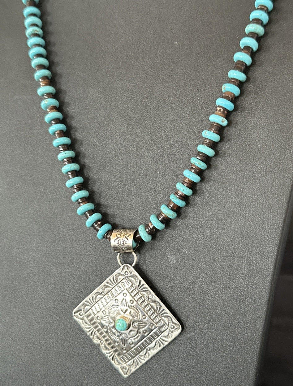 Navajo Blue Turquoise Stamped Pendant Shell Sterling Silver 25” Necklace 19708