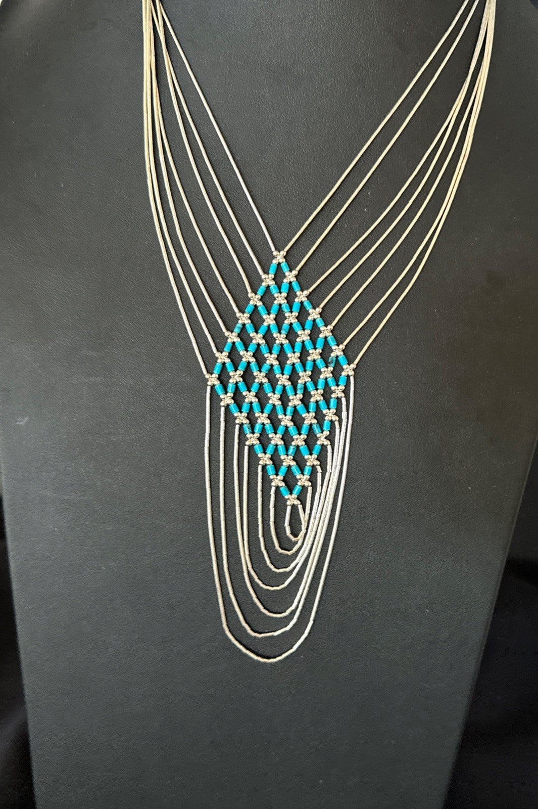Turquoise Heishi Tubes Pendant 7 Strand Liquid Sterling Silver Necklace 19748