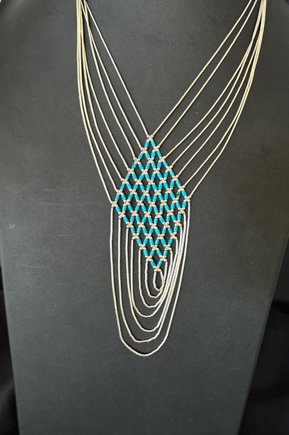 Turquoise Heishi Tubes Pendant 7 Strand Liquid Sterling Silver Necklace 19748