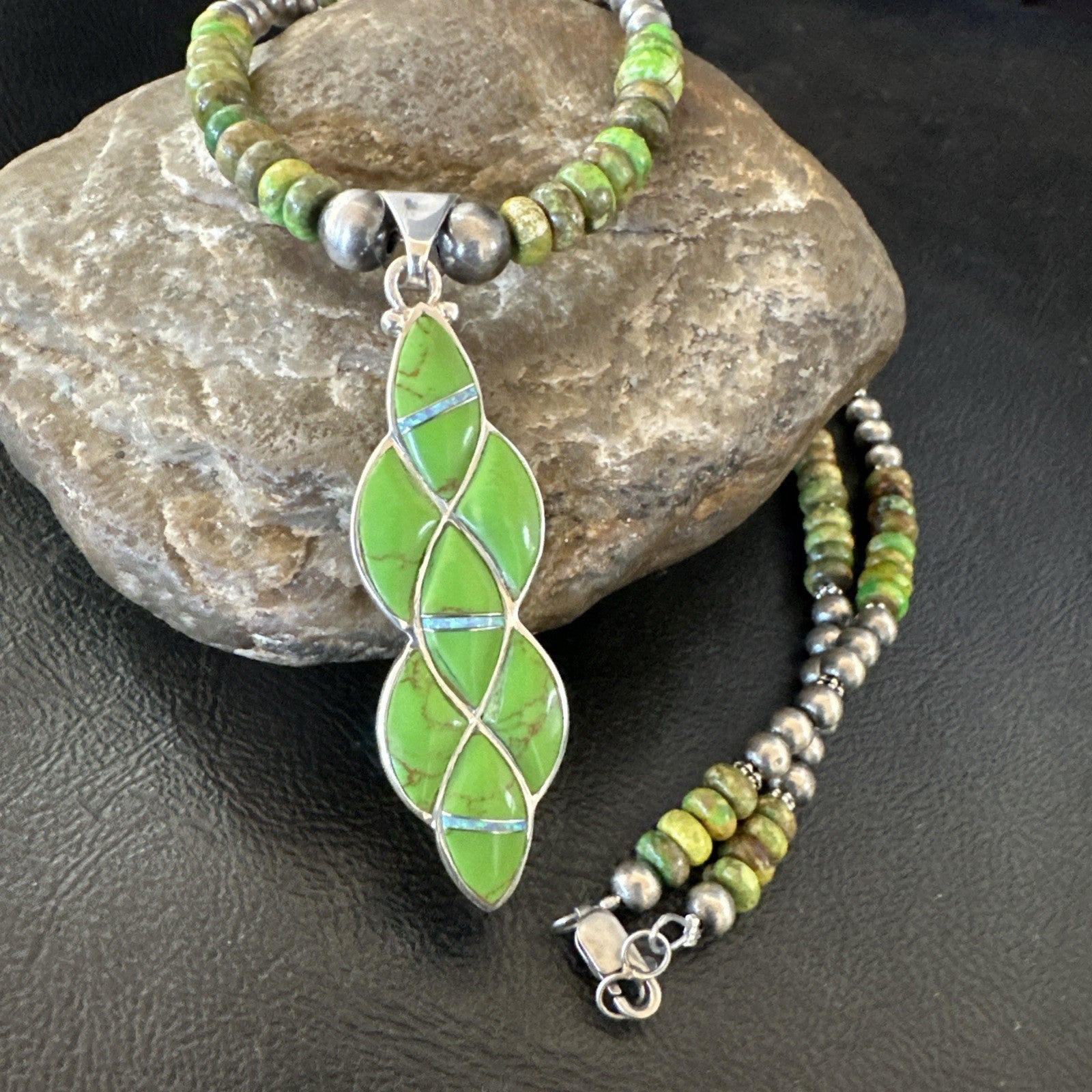 Womens Green Gaspeite Turquoise Opal Pendant Sterling Silver Necklace 19548