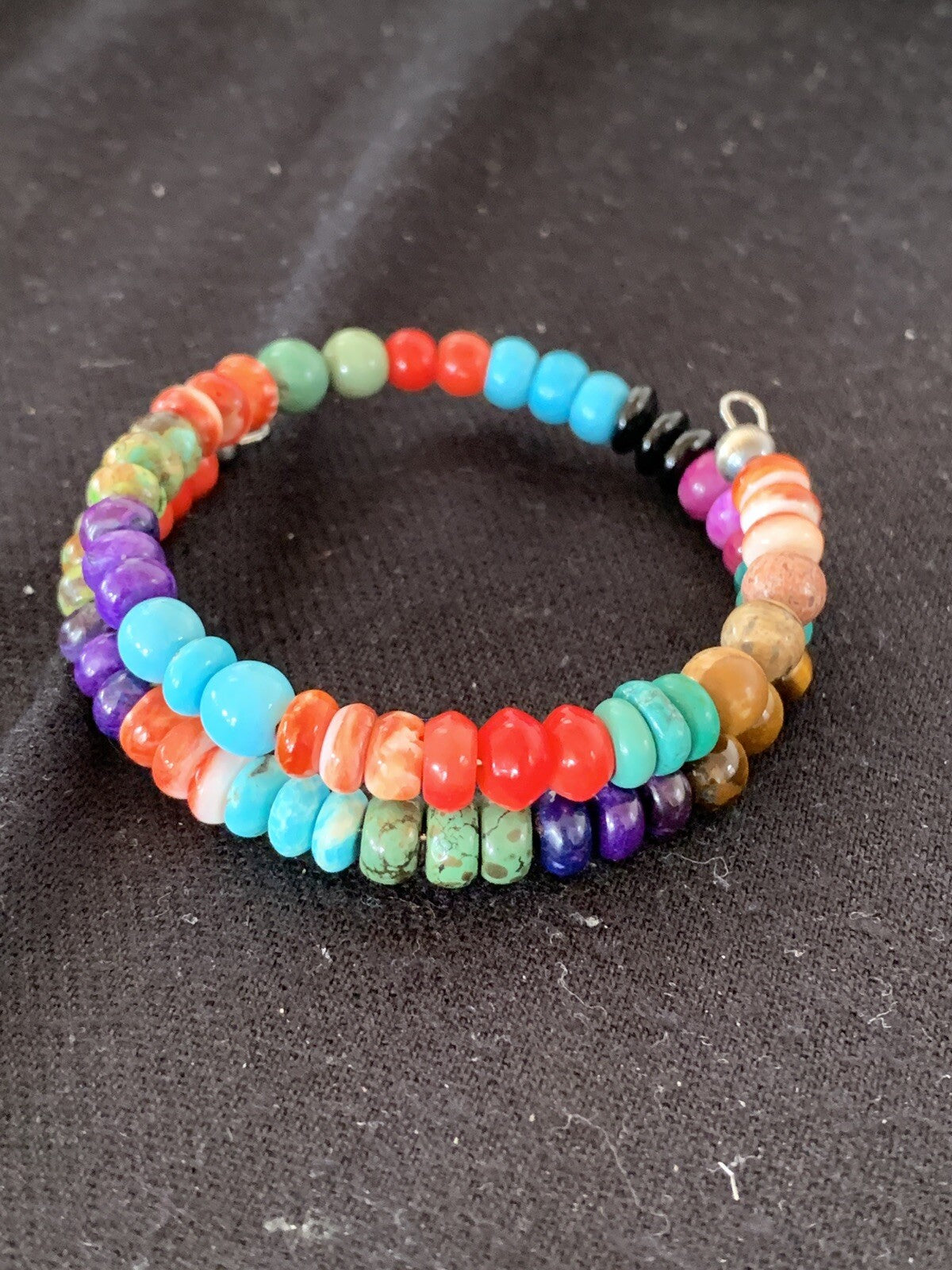 Turquoise, Coral, Tigers Eye, Onyx Navajo Stainless Memory Wire Bracelet 515
