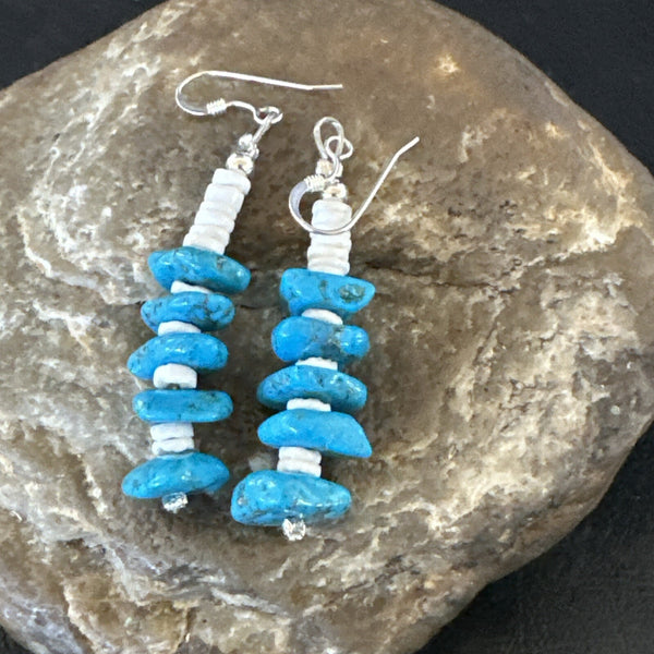 Navajo Blue Kingman Turquoise Nugget Bead Earrings | Sterling Silver | Authentic Native American Handmade | 17844