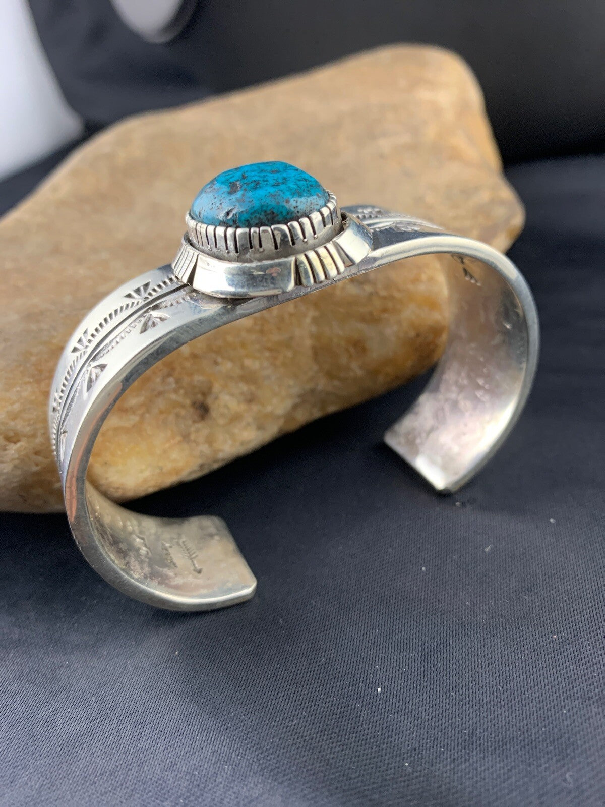 Native American Mens Blue Turquoise Navajo Sterling Silver Bracelet 03284