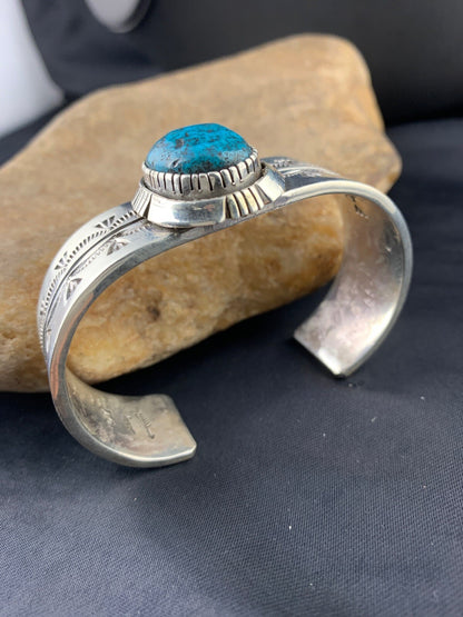 Native American Mens Blue Turquoise Navajo Sterling Silver Bracelet 03284