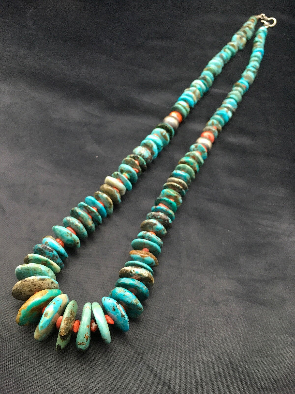 Turquoise & Spiny Oyster Graduated Navajo Sterling Silver Necklace 29" 04362