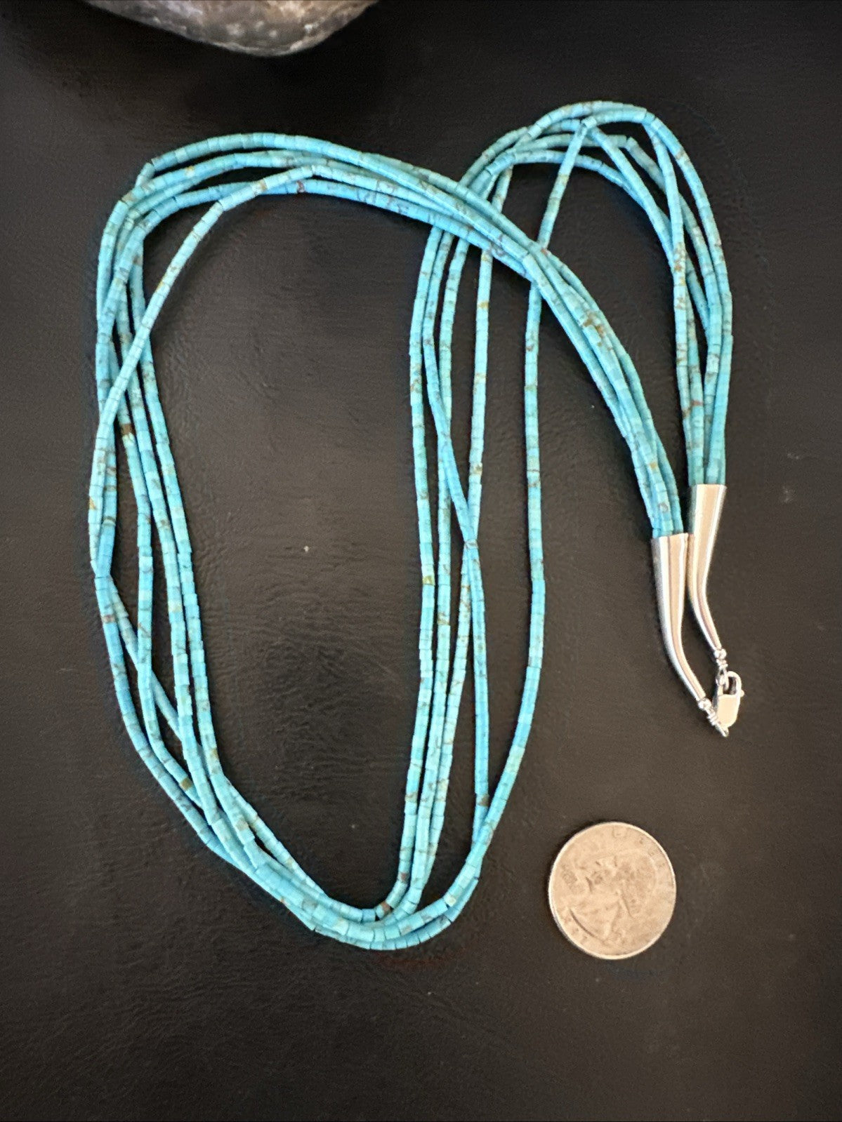 Native Blue Turquoise Heishi 5 Strand Sterling Silver Necklace 24” 19458