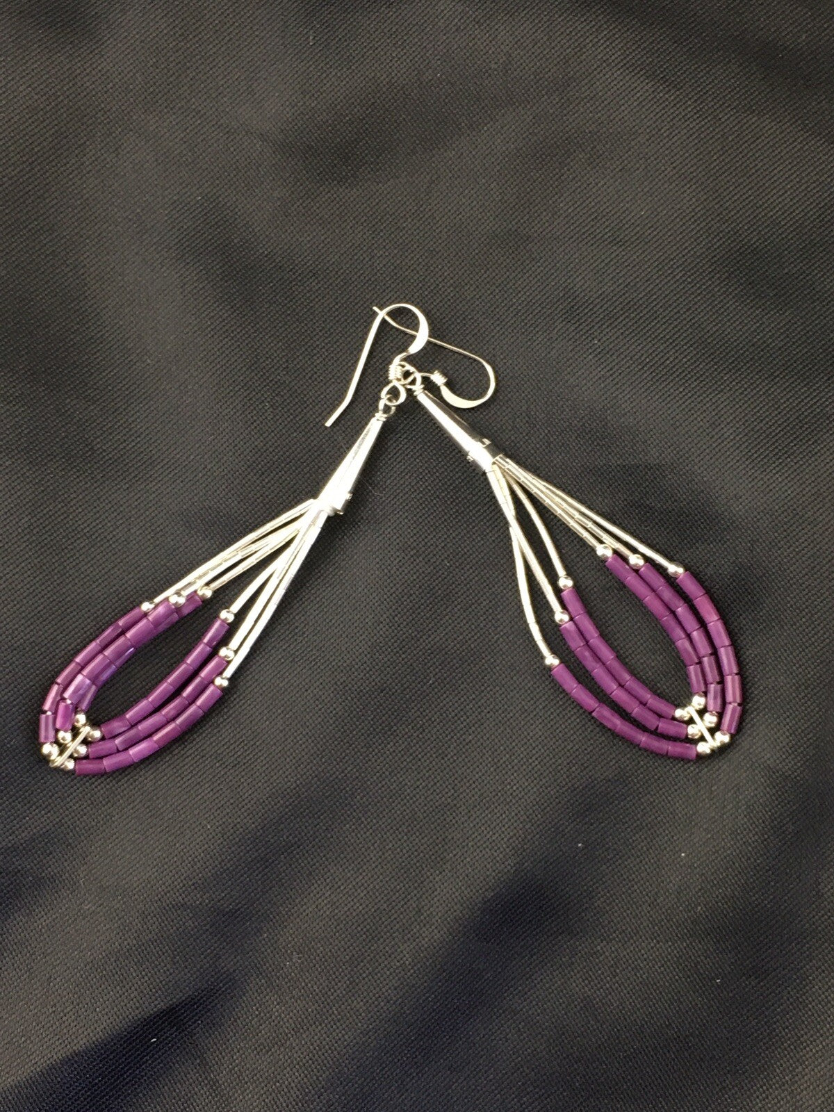 Purple Stone 3 Strand Heishi Liquid Sterling Silver Dangle Earrings 01985