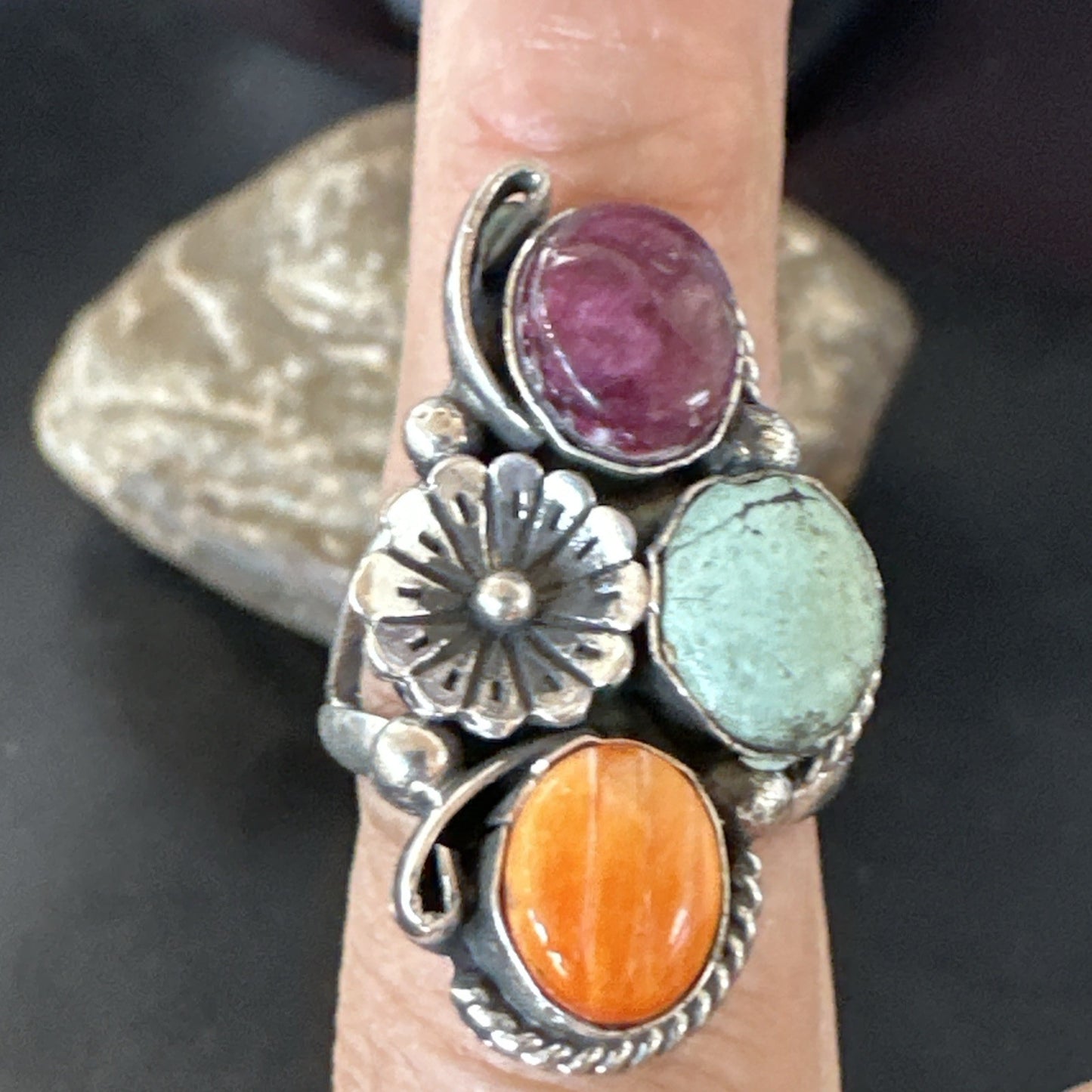 Multicolor Ring Turquoise Spiny Navajo Sterling Silver Cluster Size 8 19170