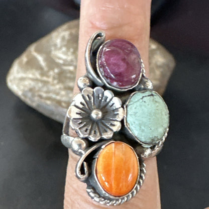 Multicolor Ring Turquoise Spiny Navajo Sterling Silver Cluster Size 8 19170