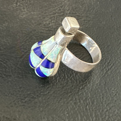 Navajo Balloon Blue Lapis White Opal Inlay Band Ring Sz 6 18188