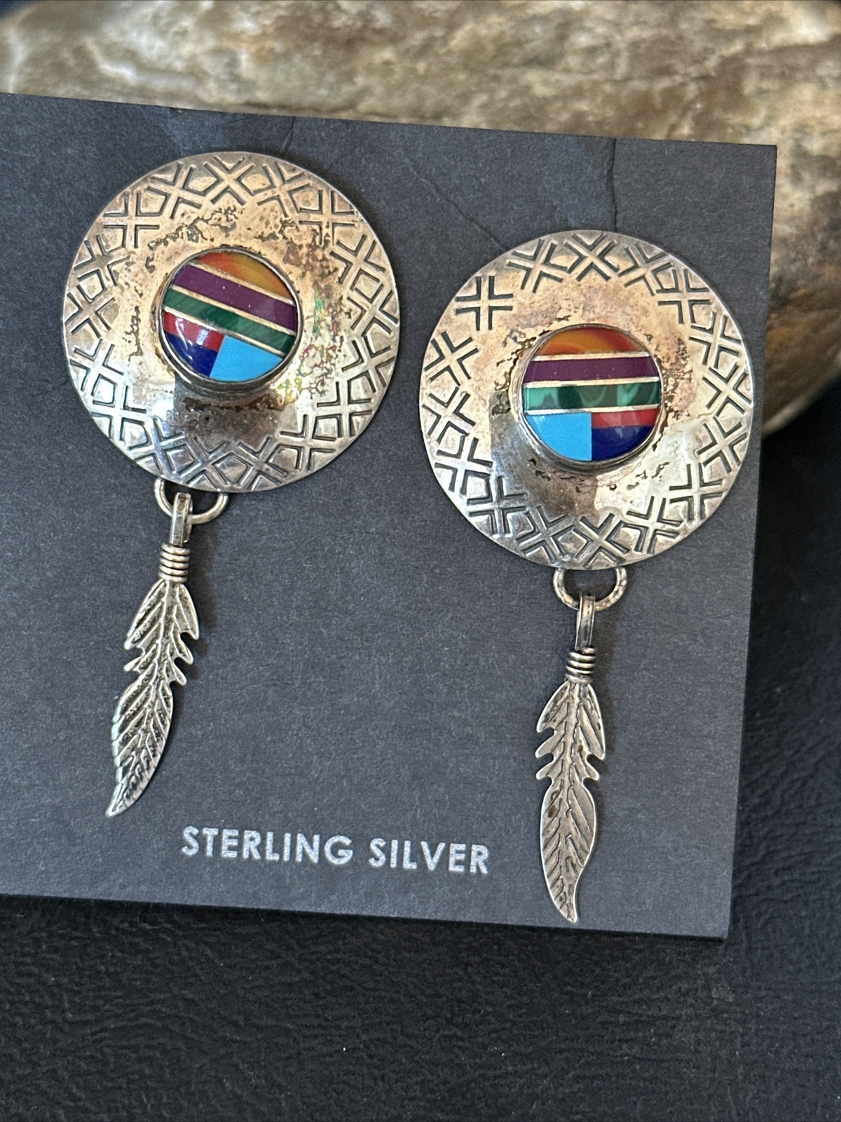 Blue Turquoise & Spiny Oyster Navajo Sterling Silver Inlay Earrings 2” 14762