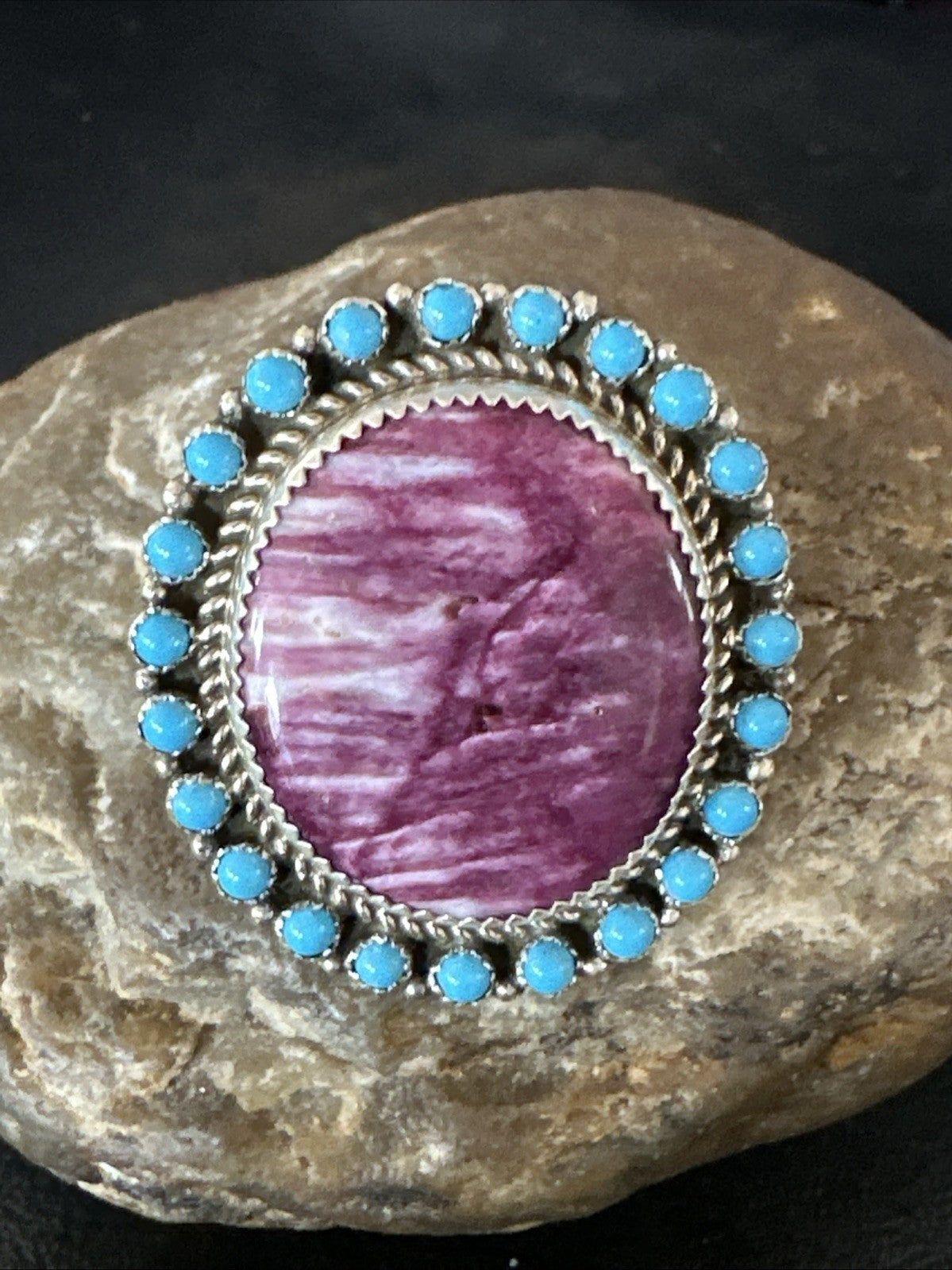 Cluster Kingman Turquoise Purple Spiny Navajo Sterling Silver Ring Sz 10 19104