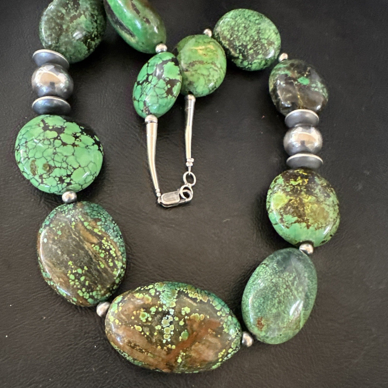 Green Turquoise Nugget Navajo Pearls Sterling Silver Necklace 19533