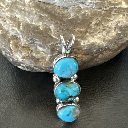 Blue Turquoise 3 Stone Navajo Sterling Silver Cluster Pendant Only 18347