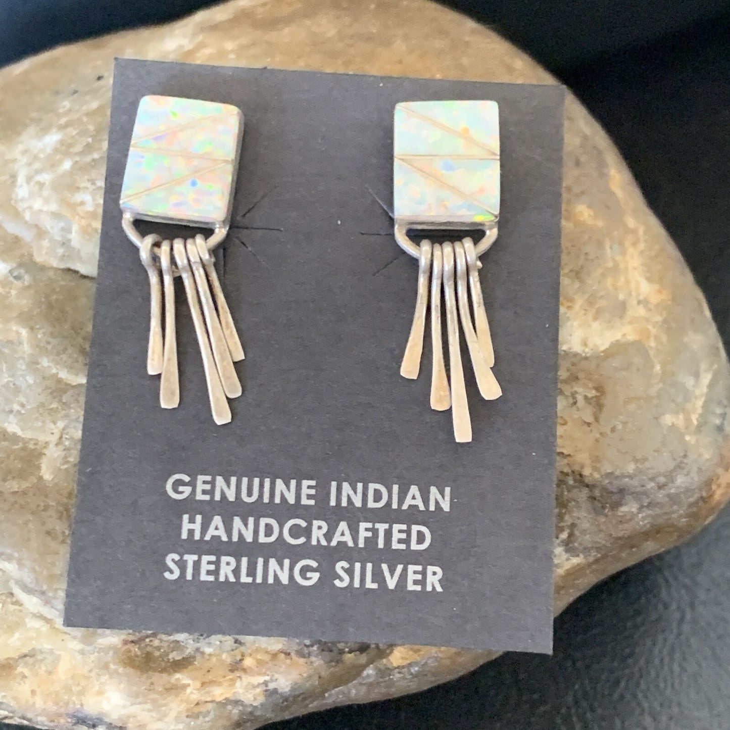 Womens White Opal Inlay Navajo Sterling Silver Dangle Post Earrings 0.5" 12765