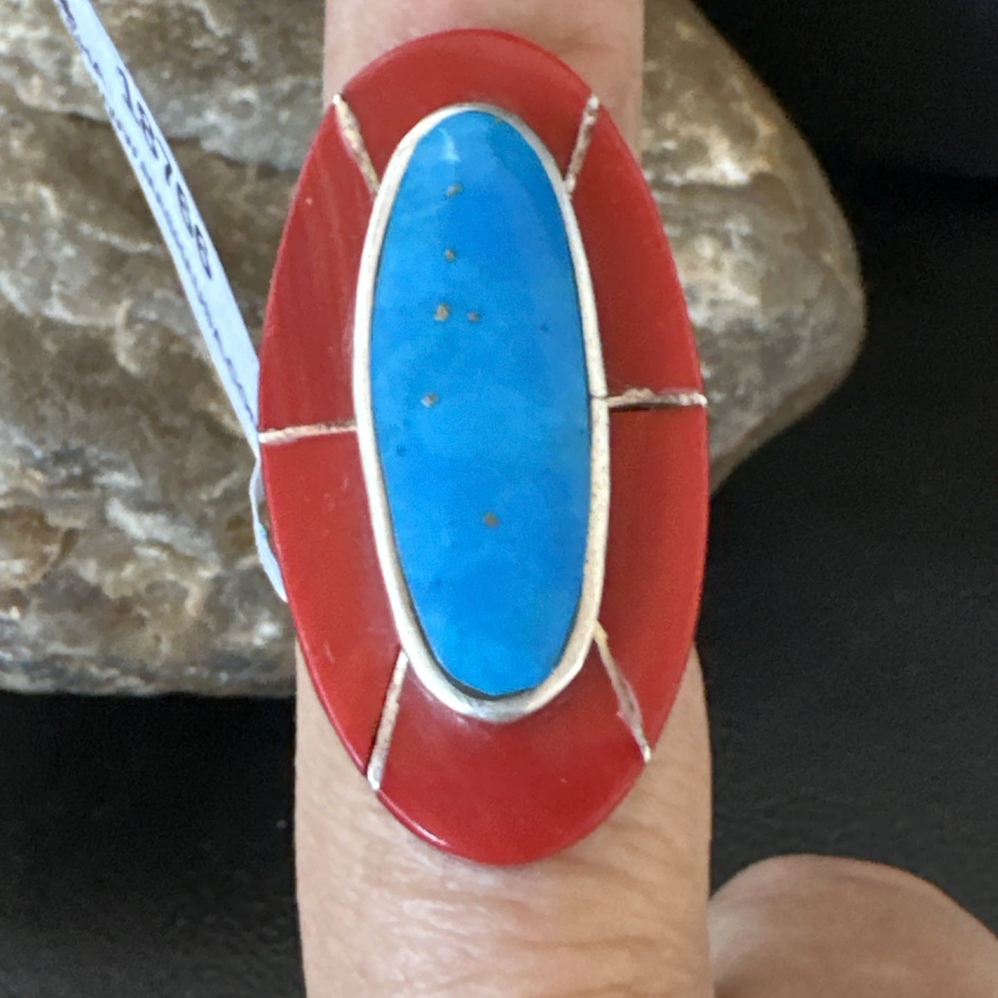 Blue Turquoise Coral Navajo Sterling Silver Ring Size 7.5 18766