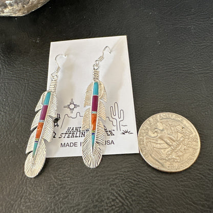 Multicolor Turquoise Sterling Silver Handmade Inlay Feather Earrings 18698