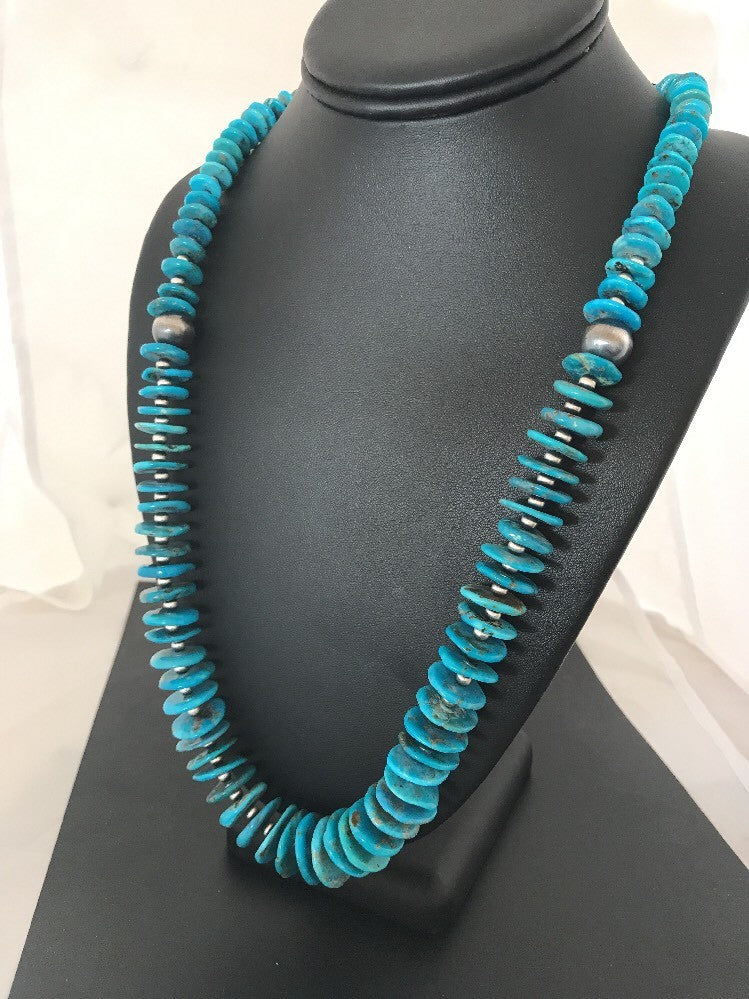 Native Sterling Silver Kingman Turquoise Necklace Pendant Navajo Pearls 8083