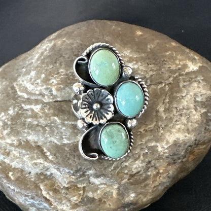 Yazzie Ring Green Turquoise Navajo Sterling Silver Cluster Size 8 19206