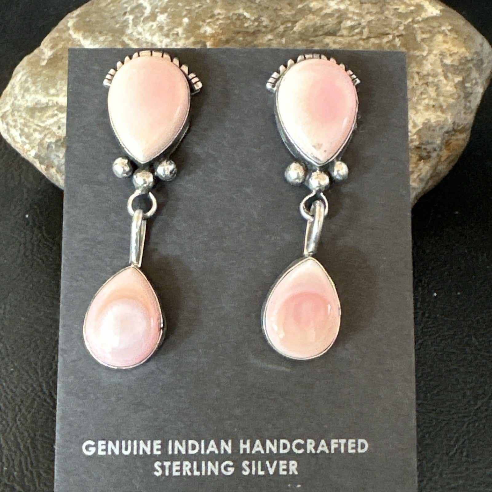 Yazzie Pink Queen Conch Navajo Sterling Silver Post Dangle Earrings 19796