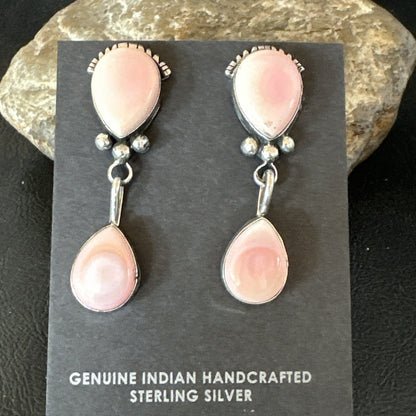 Yazzie Pink Queen Conch Navajo Sterling Silver Post Dangle Earrings 19796