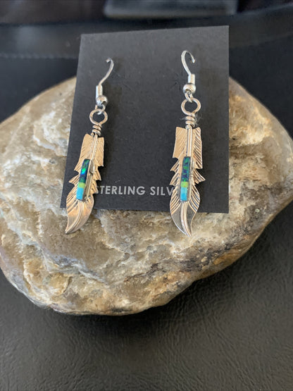 Blue Turquoise Sterling Silver Navajo Handmade Inlay Feather Earrings 13086