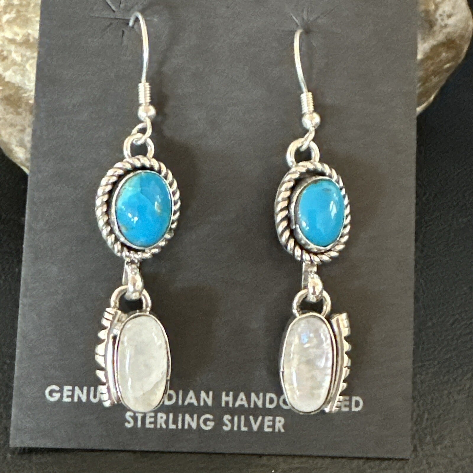 Navajo White MOP Blue Turquoise Sterling Silver Dangle Earrings 18185