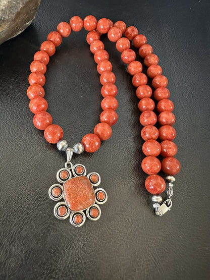 Navajo Apple Sponge Coral Sterling Silver Necklace Pendant 18327