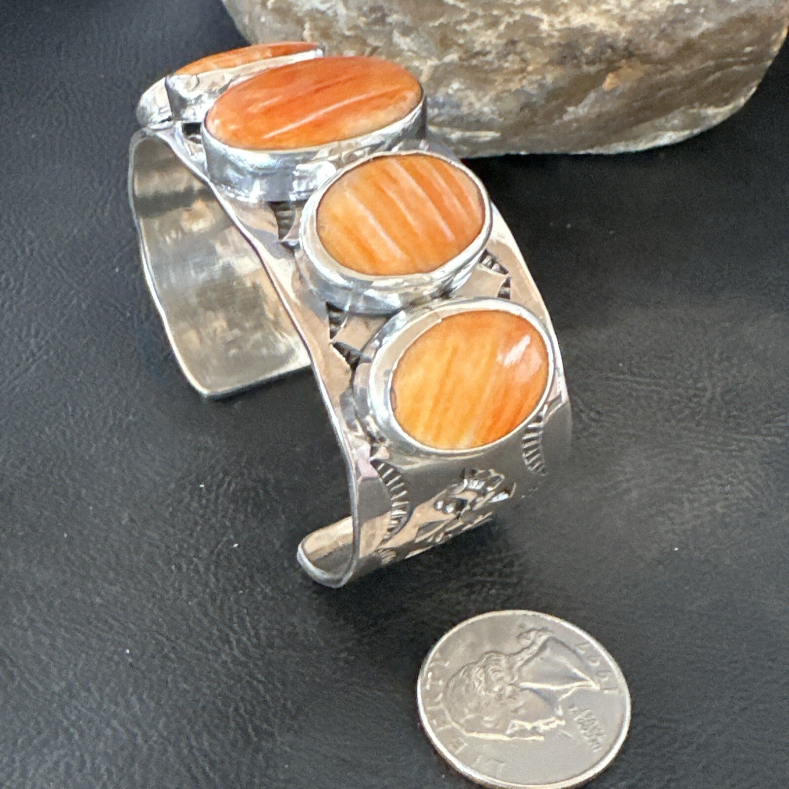 Stamped Orange Spiny Oyster Navajo Sterling Silver 5 Stone Cuff Bracelet 17942